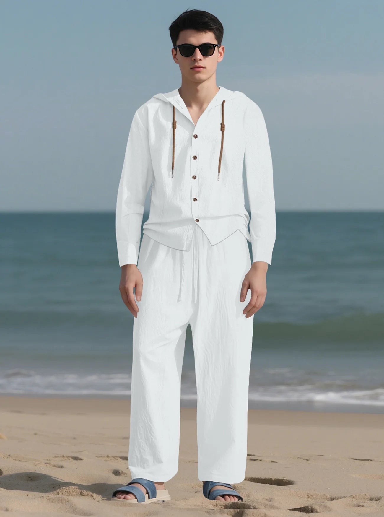 2025 Men Linen Hoodie Long Sleeve Shirt Pants Set Spring Summer Casual Pure Color Lightweight Streetwear Loungewear Two Piece Ou