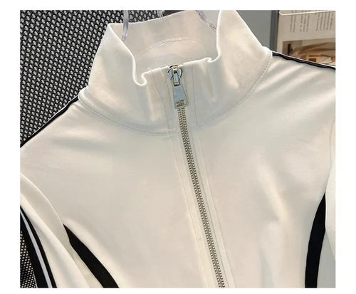 Contrasting-Color V-Neck Short-Sleeved Hoodie with Long Sleeves, Women's Early Autumn Fitted Short Double-Zip Cardigan Top