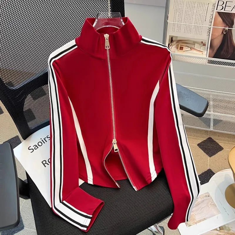 Contrasting-Color V-Neck Short-Sleeved Hoodie with Long Sleeves, Women's Early Autumn Fitted Short Double-Zip Cardigan Top