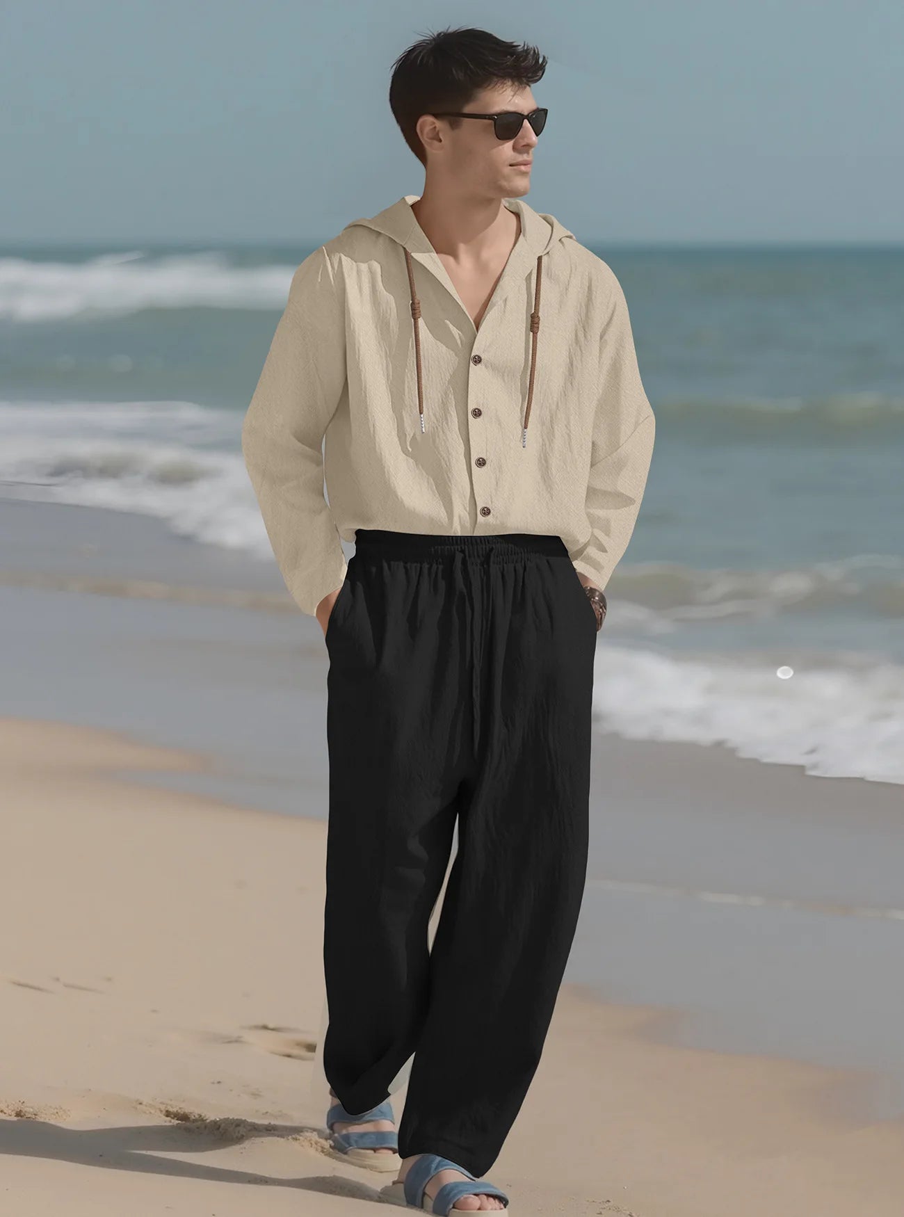 2025 Men Linen Hoodie Long Sleeve Shirt Pants Set Spring Summer Casual Pure Color Lightweight Streetwear Loungewear Two Piece Ou