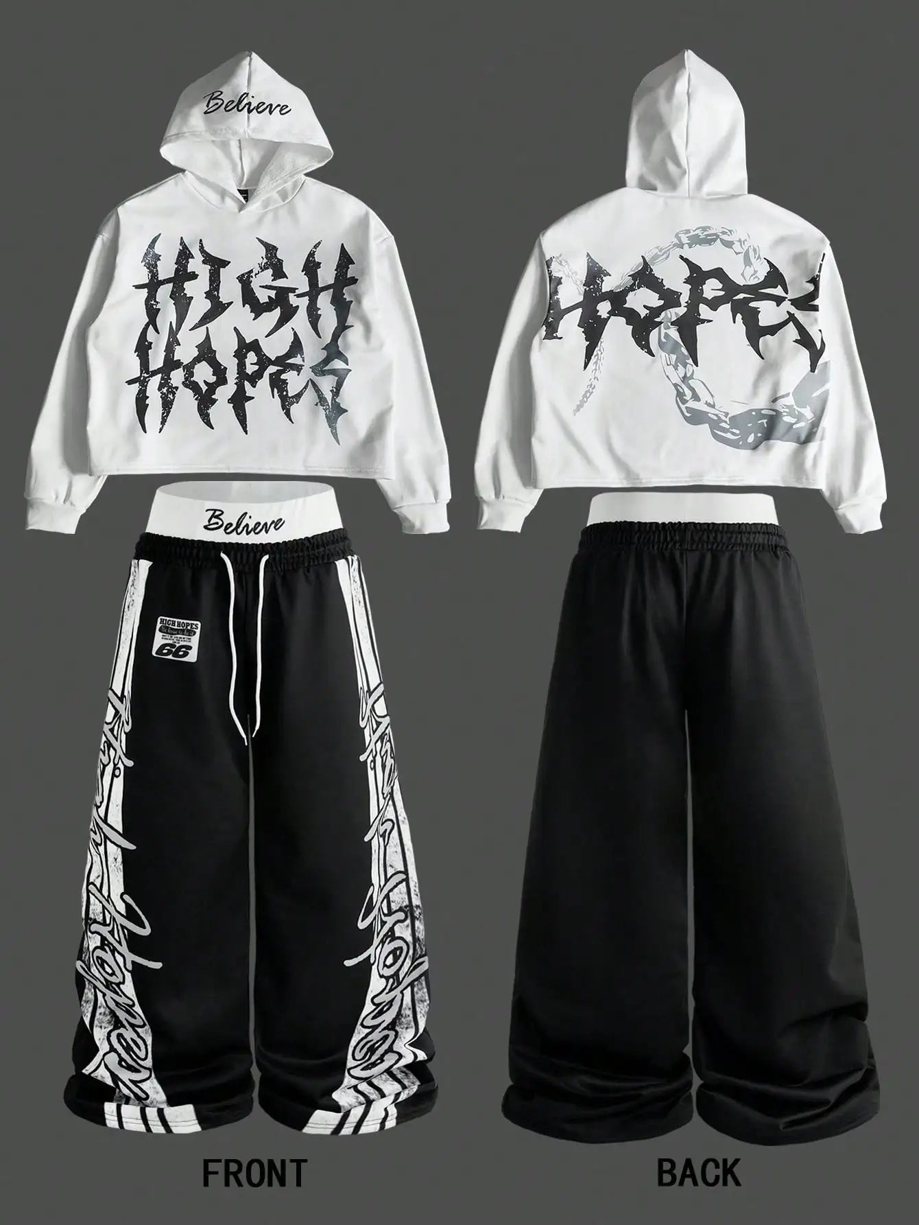 White Cropped Hoodie And Black Wide Leg Pants Set Streetwear Casual Outfit