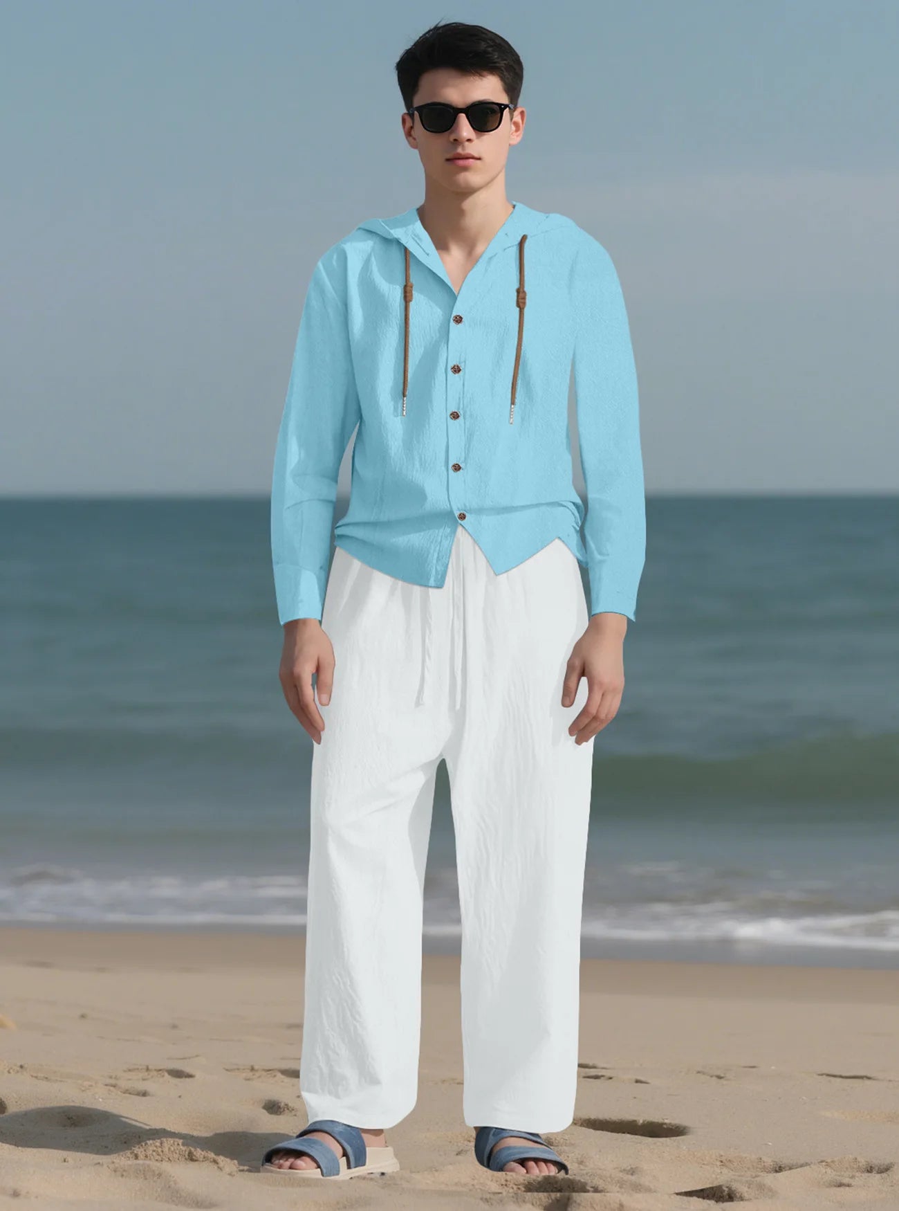 2025 Men Linen Hoodie Long Sleeve Shirt Pants Set Spring Summer Casual Pure Color Lightweight Streetwear Loungewear Two Piece Ou