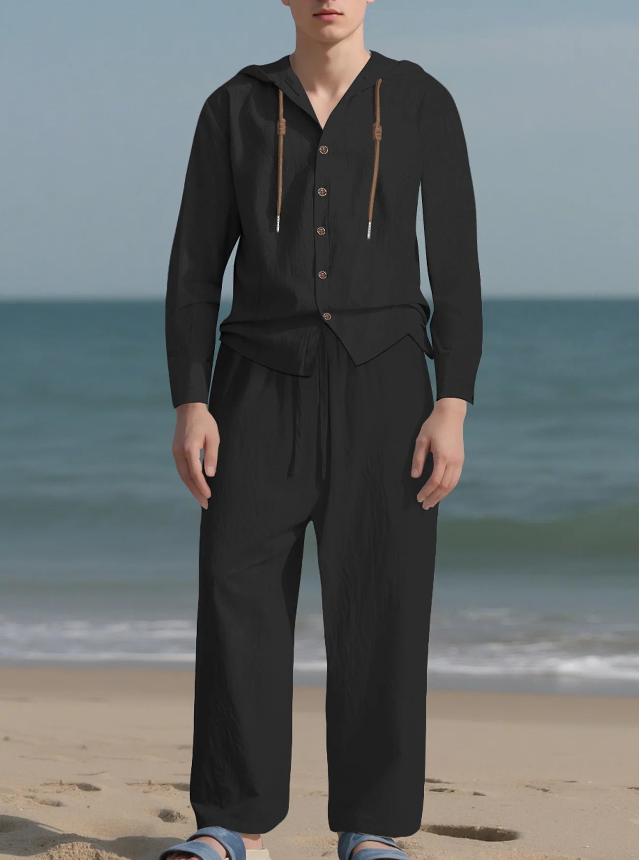 2025 Men Linen Hoodie Long Sleeve Shirt Pants Set Spring Summer Casual Pure Color Lightweight Streetwear Loungewear Two Piece Ou