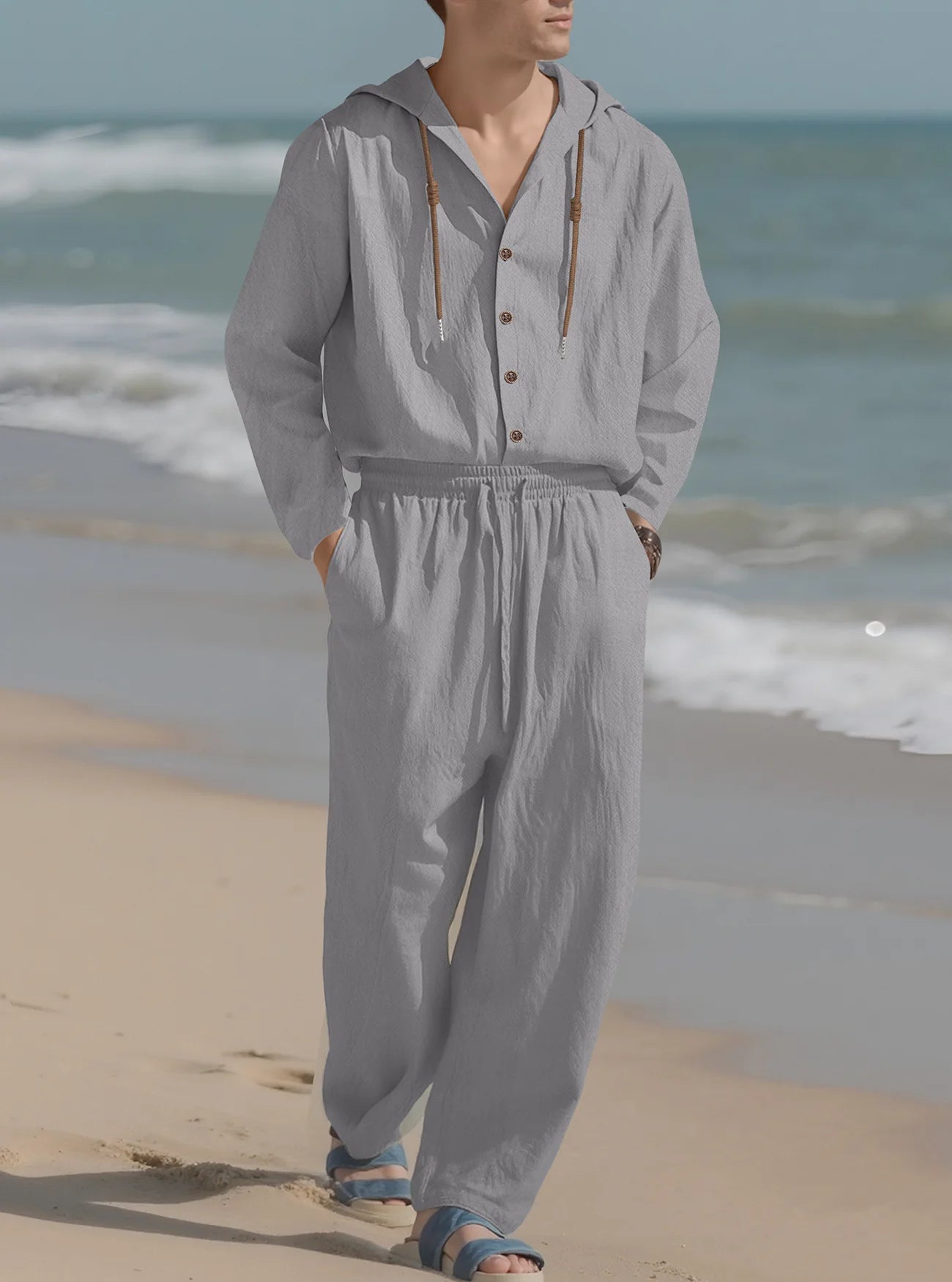 2025 Men Linen Hoodie Long Sleeve Shirt Pants Set Spring Summer Casual Pure Color Lightweight Streetwear Loungewear Two Piece Ou