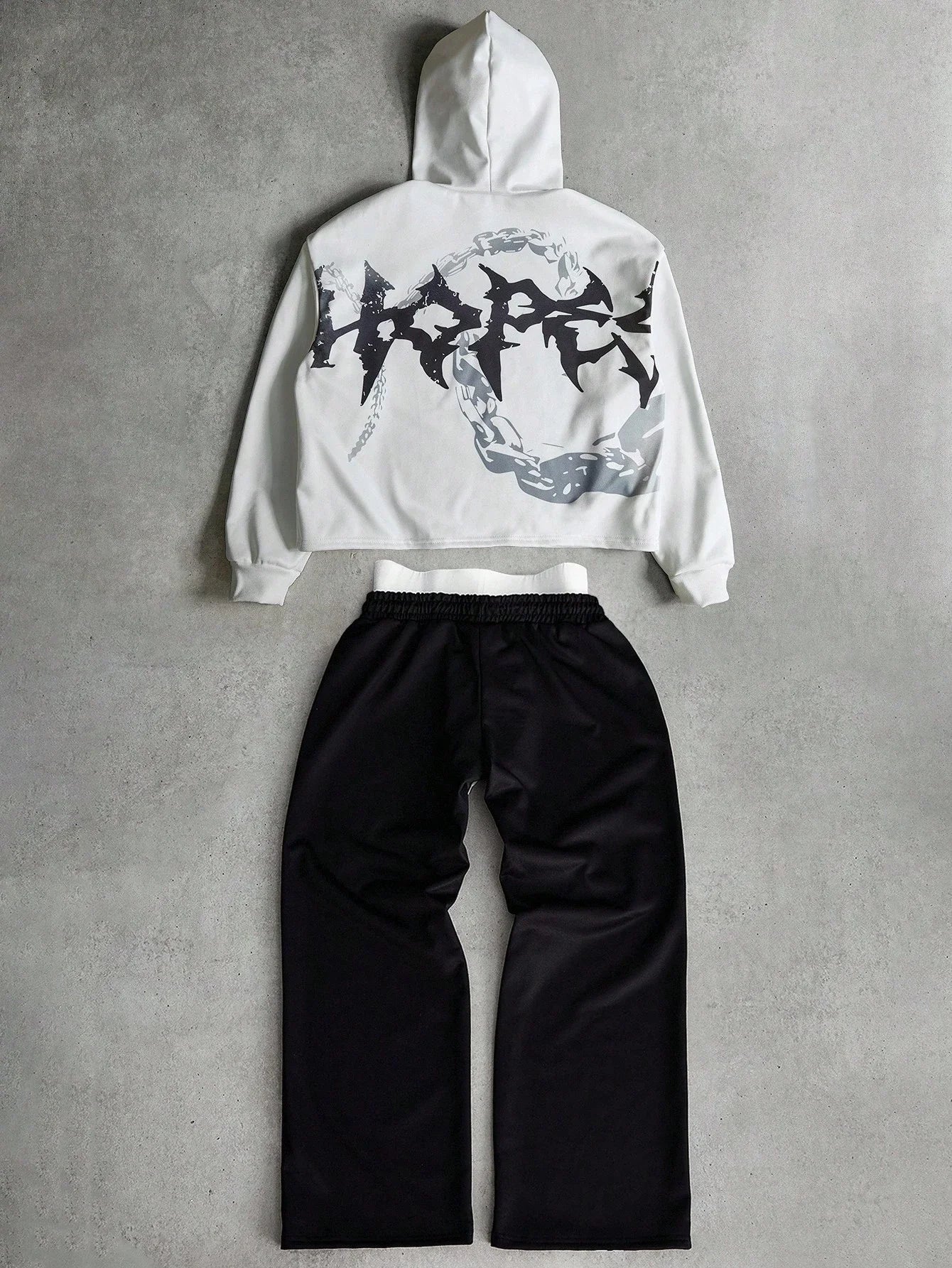 White Cropped Hoodie And Black Wide Leg Pants Set Streetwear Casual Outfit