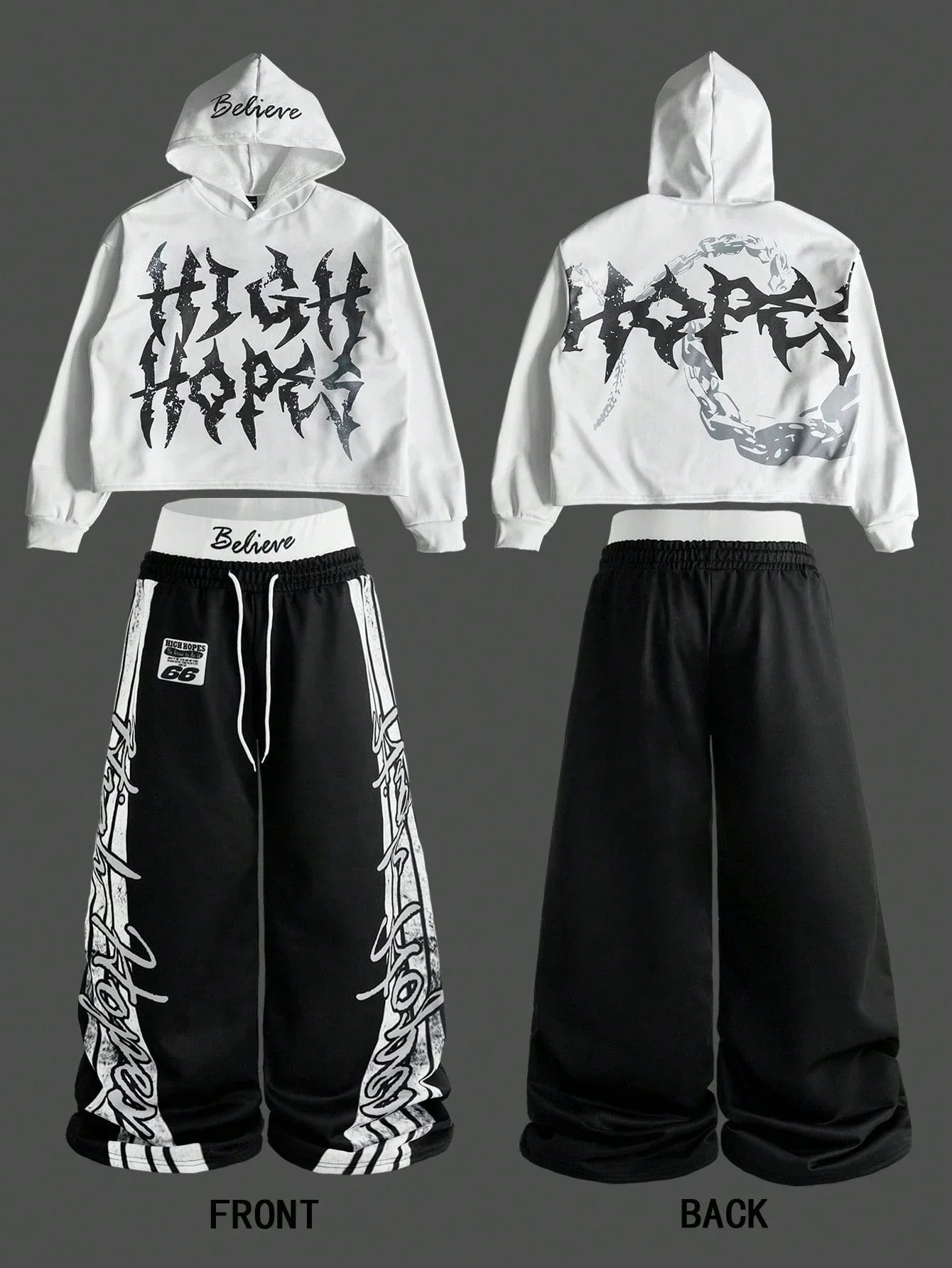 White Cropped Hoodie And Black Wide Leg Pants Set Streetwear Casual Outfit