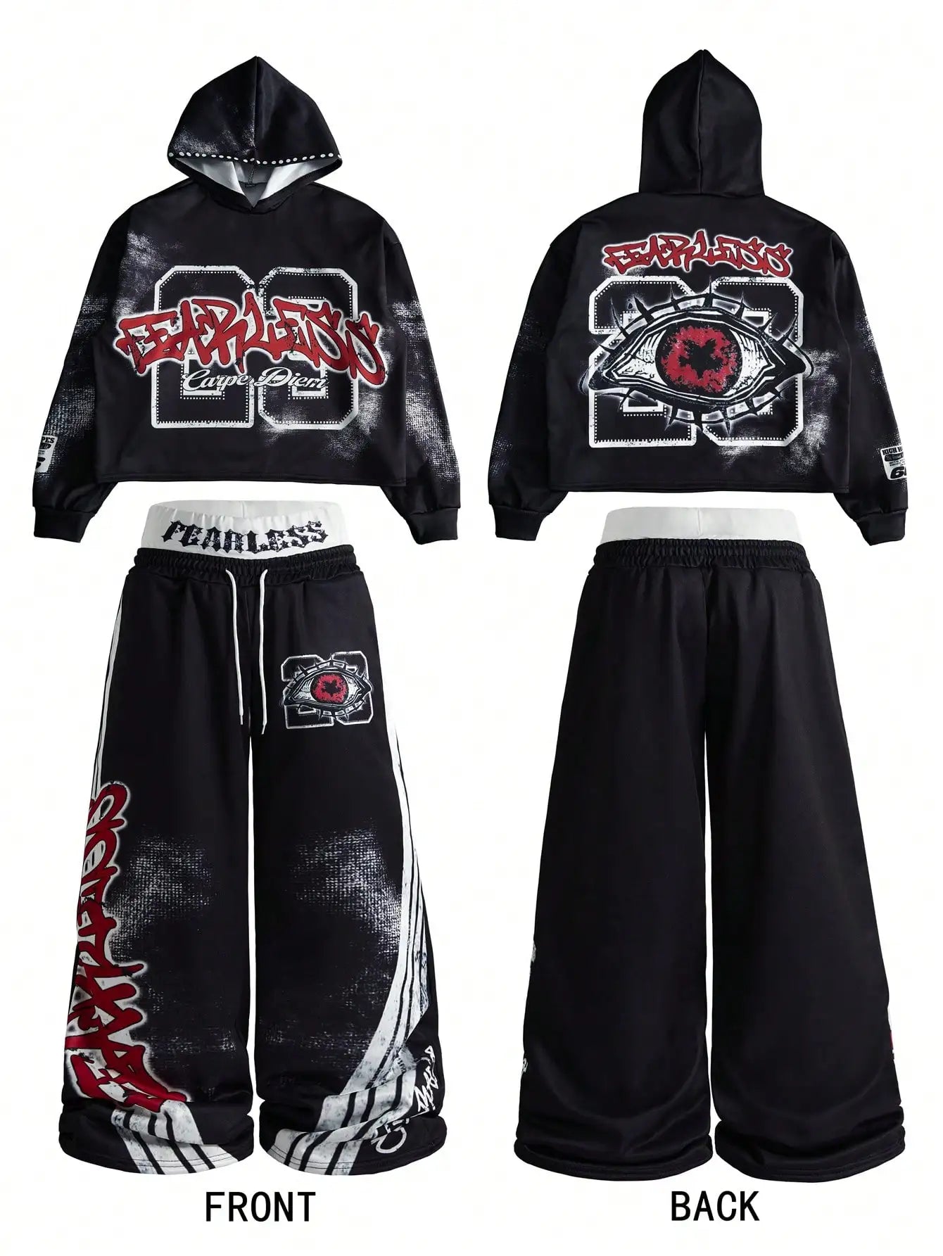 White Cropped Hoodie And Black Wide Leg Pants Set Streetwear Casual Outfit