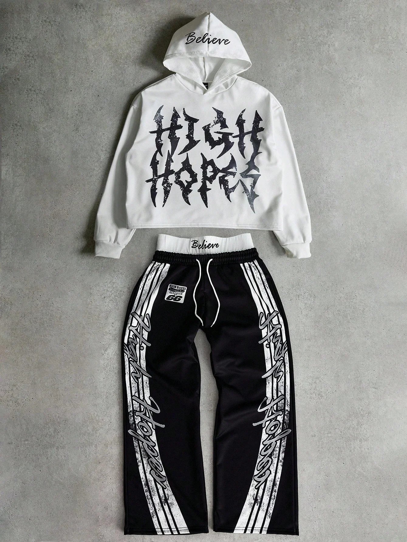 White Cropped Hoodie And Black Wide Leg Pants Set Streetwear Casual Outfit